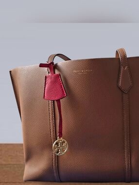 Perry Triple Compartment Tory Burch Brown Leather Tote with Red Accent Charm